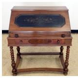 1151	MAHOGANY SLANT FRONT DESK WITH FLORAL HAND PAINTED PANELED LID AND SPIRAL TURNED LEGS, APPROXIM