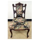 1154	CARVED AND UPHOLSTERED VICTORIAN CHAIR WITH CARVED LIONS HEADS, APPROXIMATELY 23 IN X 18 IN X 3