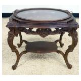 1156	HEAVILY CARVED WALNUT SERVING TABLE WITH INLAID COURTING SCENE AND REMOVABLE GLASS TOP TRAY, AP