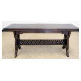 1158	GOTHIC MEDIEVAL STYLE OAK TRESTLE TABLE WITH PULL OUT SIDE EXTENSION LEAVES, ORNATE PIERCED CAR
