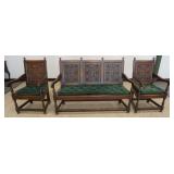 1160	CARVED OAK SETTLE BENCH AND 2 ARM CHAIRS WITH CARVED PANELED BACKS, BENCH APPROXIMATELY 59 IN X