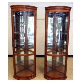 1166	PAIR OF CORNER CRYSTAL CURIO DISPLAY CABINETS WITH MIRROR BACKS, INTERIOR LIGHTS AND BEVELED GL