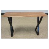 1179	MODERN STYLE WALNUT SLAB TABLE STAND WITH METAL X SHAPED SIDE LEGS, TABLE APPROXIMATELY 47 IN X