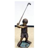 1181	LARGE BRONZE STATUE OF YOUNG BOY GOLFING, ARTIST SIGNED ON BACK, APPROXIMATELY 49 IN H, 37 IN W