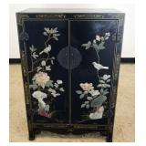 1185	ASIAN LACQUERED 2 DOOR CABINET WITH APPLIED CARVED STONE BIRDS AND FLOWERS WITH GILT ACCENT TRI