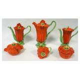 1096	ROYAL BAYREUTH RED POPPY CHOCOLATE POTS & COVERED DISHES, LARGEST APPROXIMATELY 9 IN HIGH