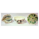 1114	ROYAL BAYREUTH LUSTRE GREEN LEAF BOWL & DISHES, LARGEST APPROXIMATELY 8 IN X 4 IN HIGH
