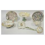 1117	ROYAL BAYREUTH LUSTRE COMPOTE , PLATES, LADLE & WALL POCKET, LARGEST PIECE APPROXIMATELY 4 IN H
