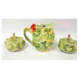 1126	ROYAL BAYREUTH GREEN LEAF PITHCER & COVERED DISHES, TALLEST APPROXIMATELY 7 IN HIGH