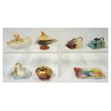 1193	ROYAL BAYREUTH GROUP OF ASSORTED MINIATURE CHEESE DISHES, COAL SKUTTLE, COVERED CLOVER TRINKET 