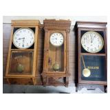 1231	GROUP OF 3 ANITQUE WALL CLOCKS, SOME LOSS TO CASE, LARGEST APPROXIMATELY 17 IN X 6 IN X 3 IN H