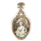 MINIATURE PORTRAIT | Woman in blue with flowers In a brass decorative frame 3.25 x 2.5 in., sight Di