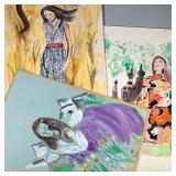 (3pc) FEMALE ARTWORK | Various sketches and watercolors of female figures in various locations, posi