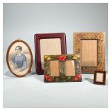 (5pc) CARVED WOOD PICTURE FRAMES | Including: burlwood carved picture frames, carved & painted flora