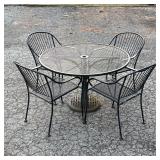 IRON PATIO SET | 6 piece iron patio set with four arm chairs, round table and umbrella stand. Arm Ch