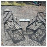 CAST IRON LAWN CHAIR SET | Two lawn chairs and a glass top side table. - h. 39 x w. 77 x l. 26-1/2 i