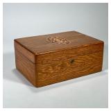 INLAID CARVED WOOD BOX | Carved wood box with inlay wood top and metal interior Dimensions: h. 5 x w