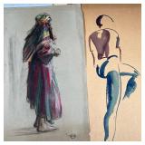 (2pc) JAMES YOE SKETCHES | Sketches of female figures, one pastel, one watercolor, both signed on bo