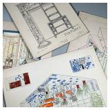 (3pc) ARTISTIC ARCHITECTURAL DRAWINGS | Including “Renaissance Fireplace textures” sketch; Greenhous