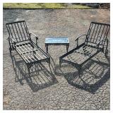 CAST IRON LAWN CHAIR SET | Two lawn chairs and a glass top side table Dimensions: h. 39 x w. 77 x l.
