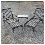 CAST IRON LAWN CHAIR SET | Two lawn chairs and a glass top side table Dimensions: h. 39 x w. 77 x l.