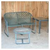 (3pc) OUTDOOR BENCH & Tables | Bent aluminum tube bench with woven seats, rectangular glass top tabl