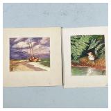 (2pc) MINIATURE WATERCOLORS | Set of 2 miniature watercolors, one of a bird, one of a shipwreck on a