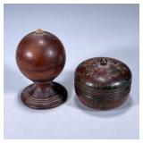 (2pc) TURNED WOOD BOXES | Set of 2 turned wood lidded boxes including: globe form box with pedestal 