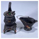 (2pc) PAINTED METAL ITEMS | Including: painted iron miniature wood stove, and small handed bucket Di