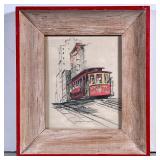 STREETCAR SKETCH | Small colored sketch of a streetcar; 5.5 x 4.5 in. Sight Dimensions: h. 8.75 x w.