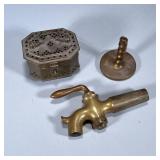 (3pc) MISC. BRASS PIECES | Including: lidded brass box, brass spigot, and other brass item Dimension