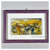 Reverse Painted Townscape | Reverse painted glass artwork signed lower right, in a wooden purple fra