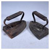 Pair Antique Irons | Heavy, one marked U 7, the other B 8. Dimensions: h. 4.5 x w. 4 x l. 6 in