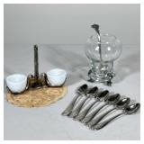 (9pc) Vintage L’Etain Salt And Pepper Dip Cellar, Jelly/Honey Jar And Demitasse Spoons