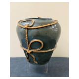Korean Black Earthenware Vase | Large Korean black earthenware vase, featuring embossed palm or bana
