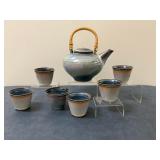 (7pc) Glazed Ceramic Tea Set with Bamboo Handle | Tea set with six modern style ceramic glazed tea c