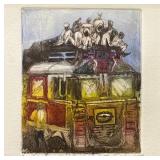 Brooke Bulovsky Cameron (American, 1941-), Sketch - "Road to Agra" | Scene of a colorful bus with pe