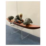Inuit Figurine (Alaskan) - Kayak | Wooden kayak with three soapstone figurines, an Inuit paddling th