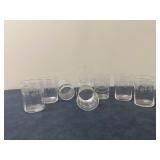(8pc) Engraved Drinking Glass Set | Vintage (1950s) engraved drinking glass set. - h. 3.5 x w. 2.5 i