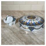 (2pc) Porcelain Covered Dish And Elephant Figurine By De Monaco | With mosaic design in gold, blue a