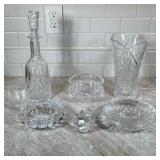 (6pc) Assorted Crystal and Cut-Glass Pieces | Including 3 low bowls, decanter and top, bird made in 