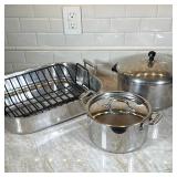 (3pc) All-Clad Heavy Roasting Pan And Two Pots | Roasting Pan includes a black removable rack, All-C