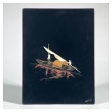 Lacquered Asian 3D Panel | Lacquered panel with relief depicting a boat and two figures. Relief in s