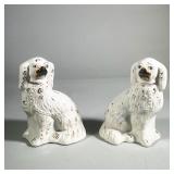 (2pc) Staffordshire Spaniel Figurines | Pair of Staffordshire-style spaniel figurines with gilt deta