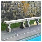 (2pc) Cast-Stone Garden Benches | Cast-cement featuring classical styling. Both benches have a recta