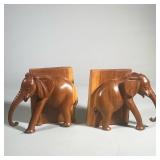 (2pc) Wooden Hand Carved Elephant Bookends | In a light wood. Tusks are missing. - h. 8.5 x w. 10 x 