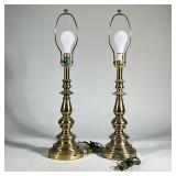 (2pc) PAIR BRASS LAMPS | Pair of turned brass lamps. Both are functional, as pictured. - h. 27.5 x d