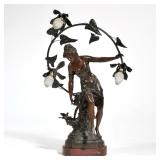 Moreau Bronze Light | Art Nouveau bronze sculpture lamp: Fontaine aux Fauvettes by Francois Moreau, 
