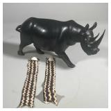 (3pc) Carved Black Rhinoceros | Rhino with intact horns and ears, appearing to be made from wood. In