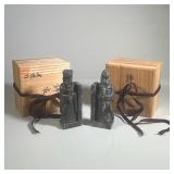 (4pc) Vintage Chinese Soapstone Scholar & Warrior Bookends With Original Boxes | Heavy, carved stone